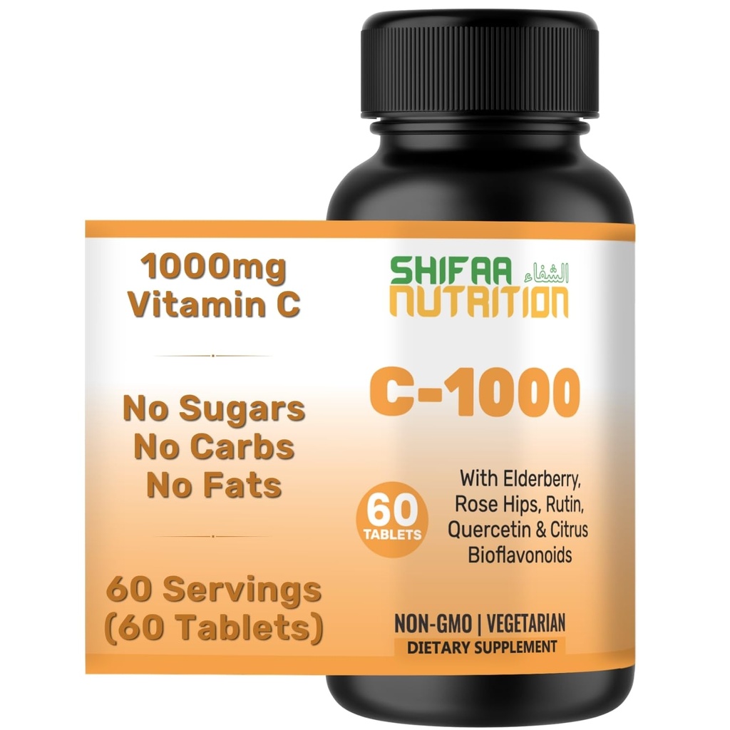 SHIFAA NUTRITION Halal Vitamin C-1000 mg Tabletleri, 60 Gün Supply. Immune Support Supplement with Vitamin C, Elderberry, Quercetin, Rose HIPS & Düsseldorf. Vejetaryen, Non-GMO, Sugar Free & Keto Friendly