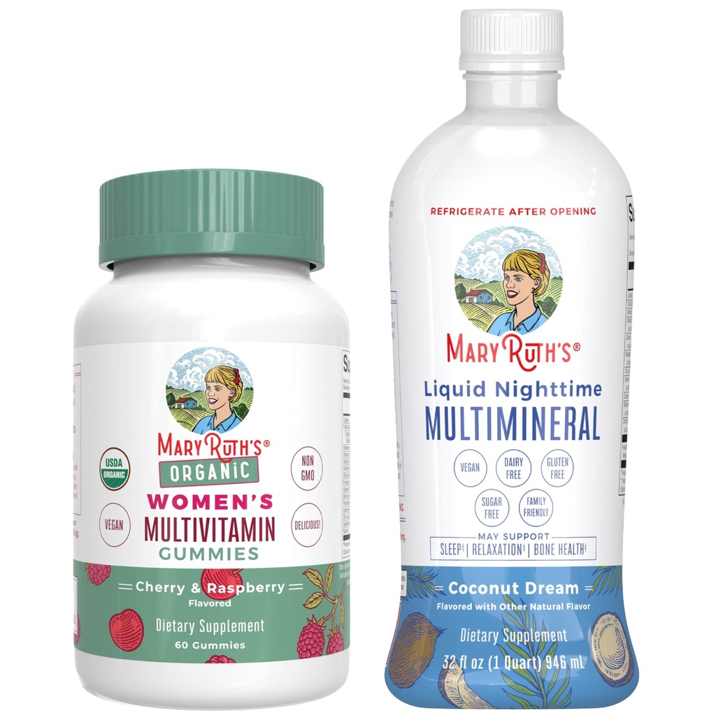 MaryRuth's Multivitamin Gummies for Women (Cherry & Raspberry) & Liquid Nighttime Multimineral Coconut (32oz) | Temiz Etiket Projesi Doğrulanmış® | Vegan | Güzellik, Bedtime Routine, & General Health