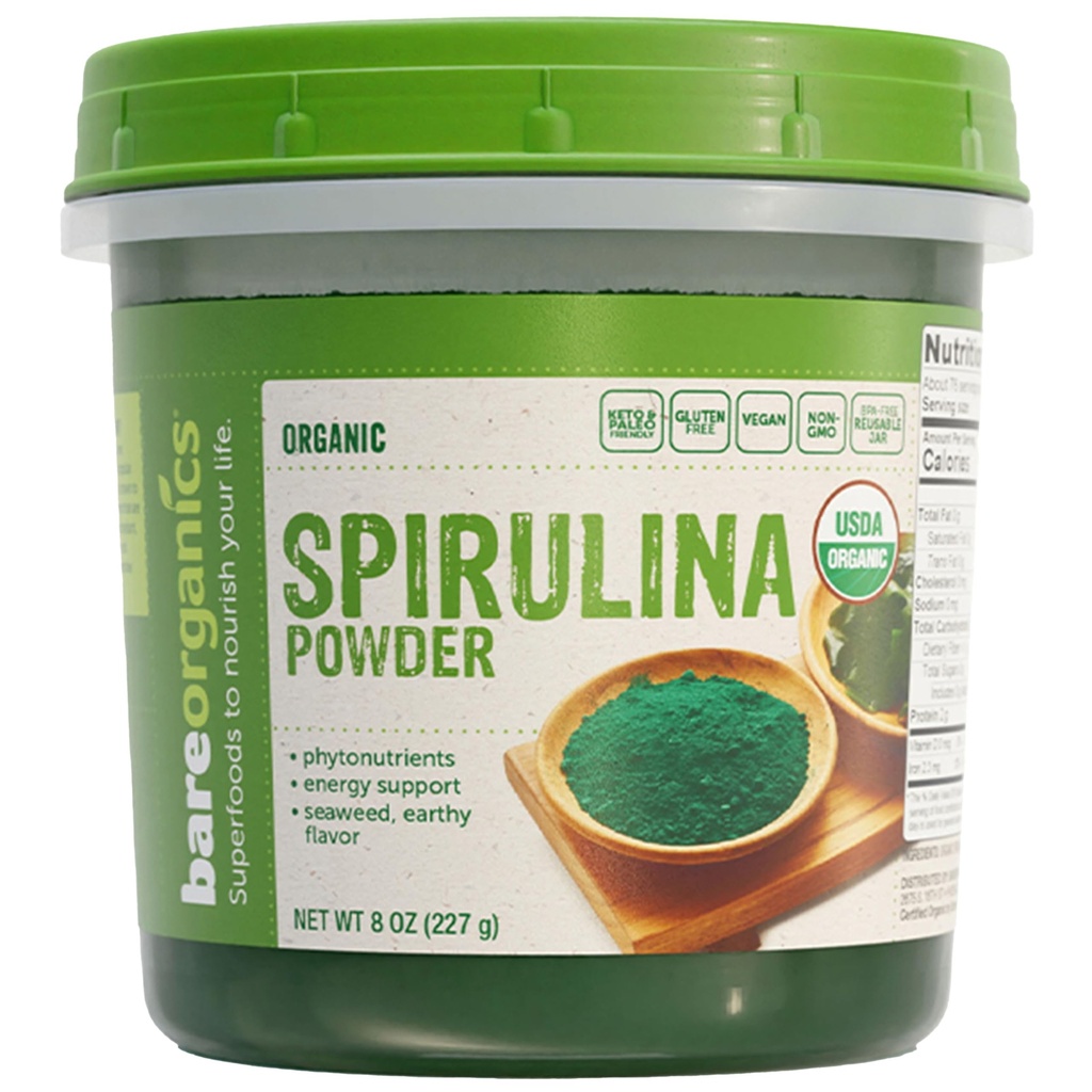 BareOrganics Spirulina Toz - Organik Superfood Toz - Vegan, Non-GMO, Gluten-Free - Yüksek Protein, Antioksi-Rich for Smoothies, Juices, Shakes & Daily Wellness, 8 Oz