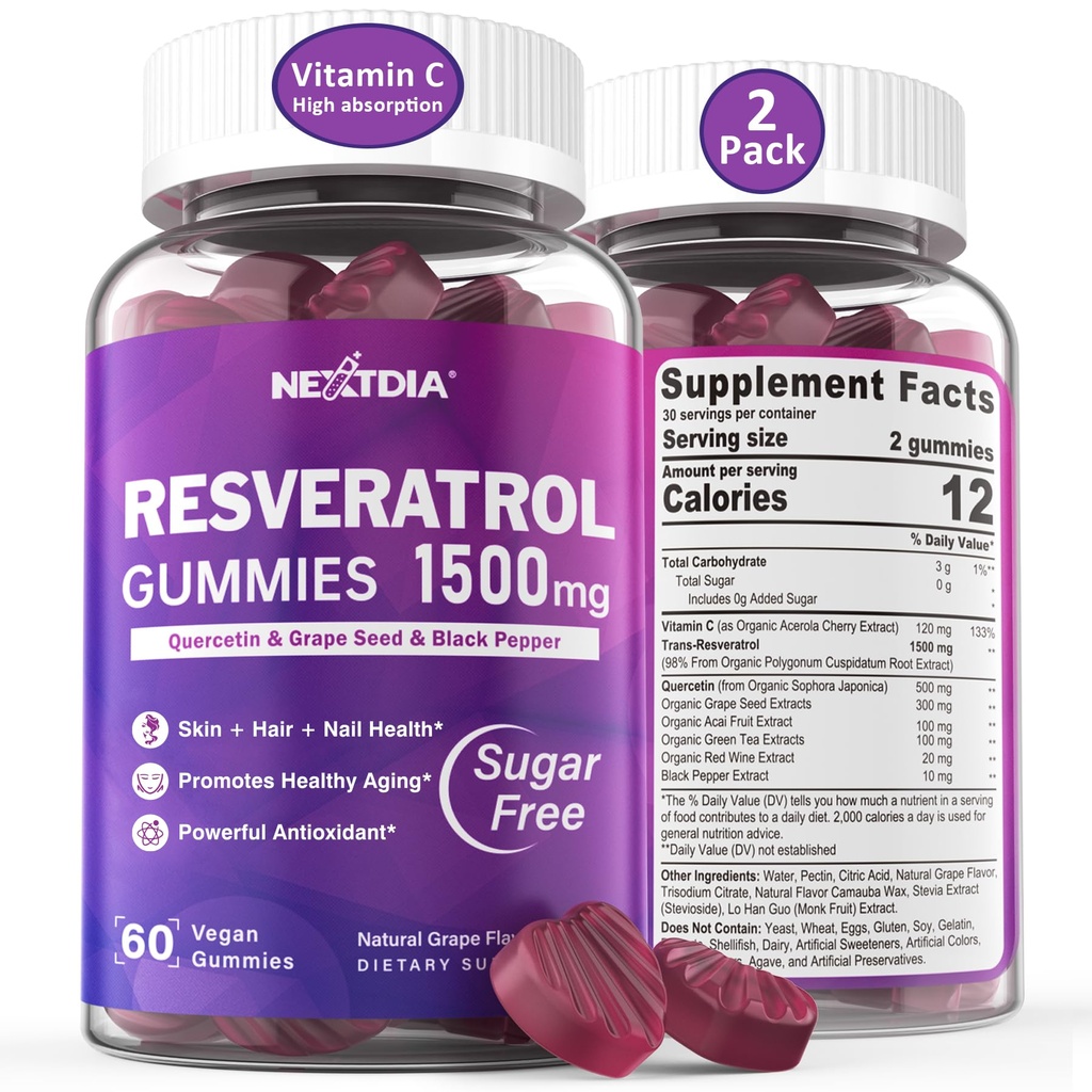 Resveratrol Supplement 1500mg - Resveratrol Gummies Supports NAD⁺, NMN & NMNH Synergy, with Quercetin, Grape Seed, Acai Berries Extracts for Antioxidant, Healthy Aging & longevity, Skin, Brain - 2Pcs