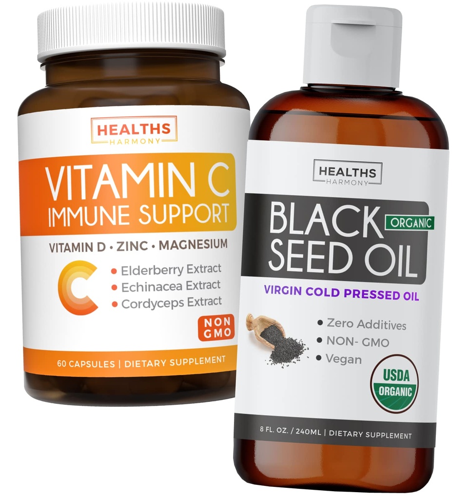 Siyah Tohum Yağı Sıvısı ve C vitamini - Immune Fusion Branson Paketi - Organik Siyah Tohum Yağı Sıvı (8fl oz) Premium Cold-Pressed Nigella Sativa & Vitamin C Immune Support (Non-GMO)(60 Capsules)