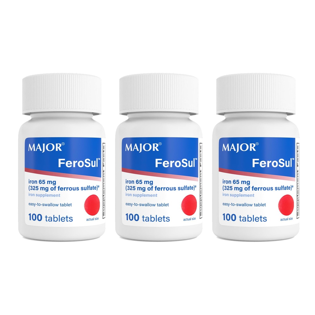 MAJOR Ferosul - Ferrous Sulfate 325 mg Tabletleri 65 mg of Elemental Iron - Kadınlar için Demir Supplement, Erkekler - Red - 100 Tablet (3 Paket)