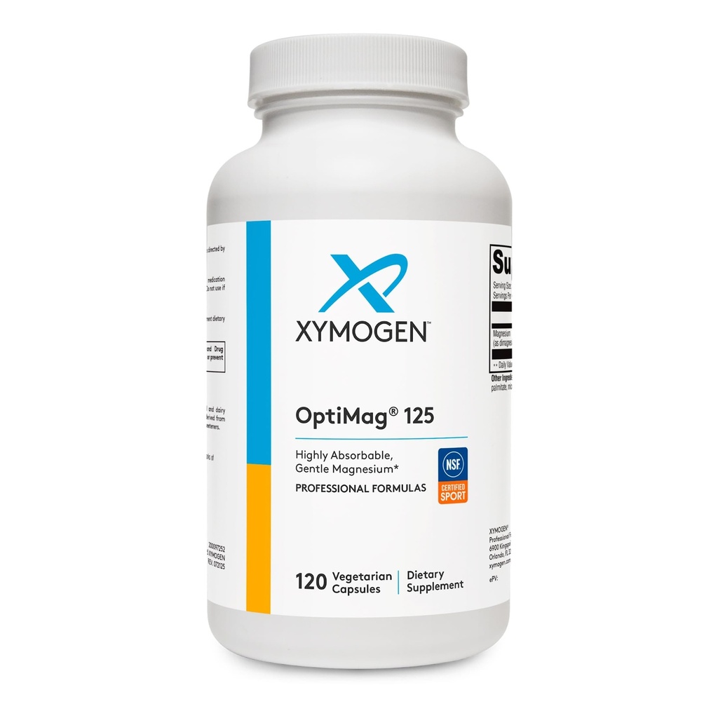 XYMOGEN OptiMag 125 - Di-Magnesium Malate & Glycinate Lysinate to Support Nerve, Muscle, Bone Health + Heart Health (120 Capsules)