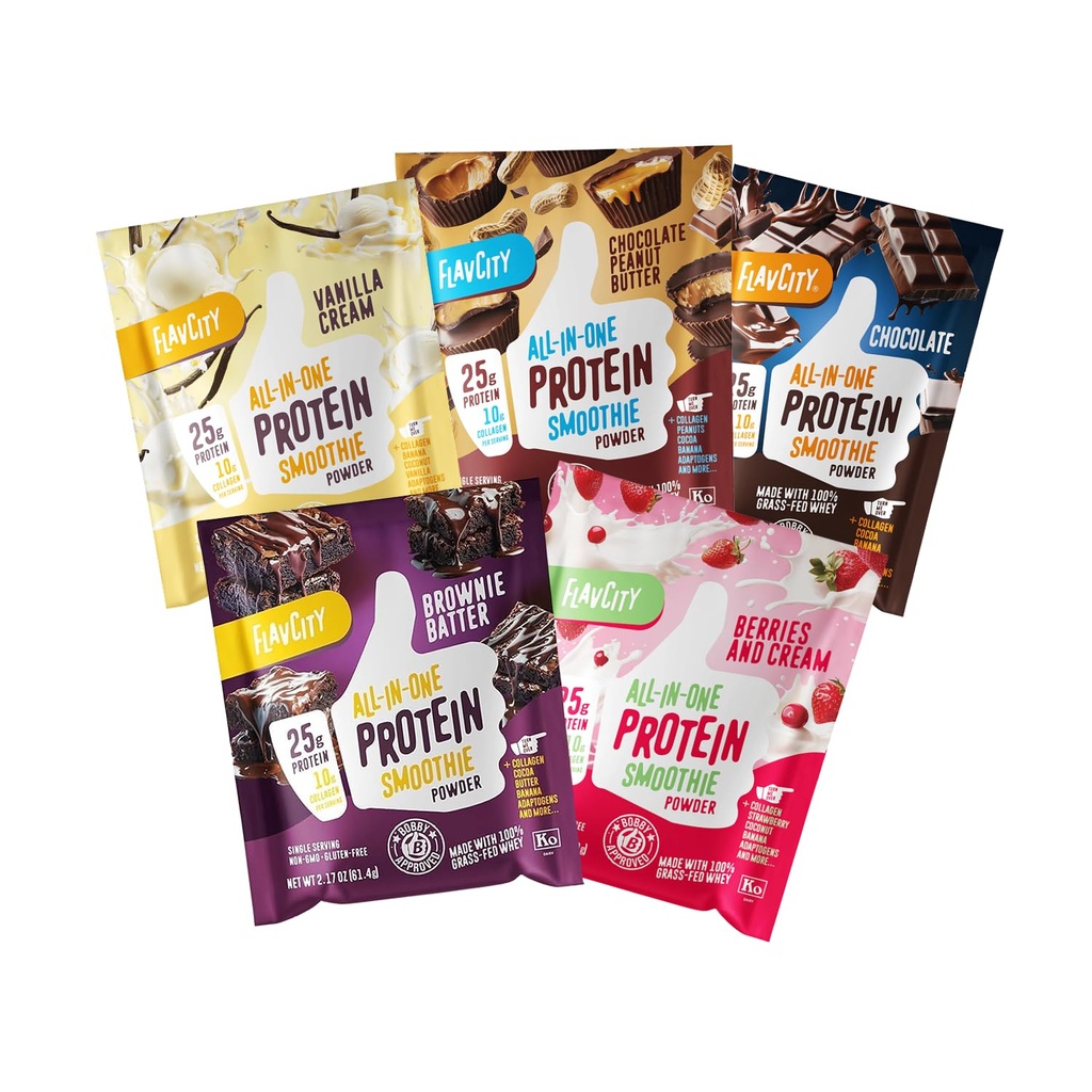 FlavCity All in One Protein Shake Toz Paketleri - Go Meal Alternative + 25g protein & 10g Collagen, Organik Reishi & Cordyceps Mushrooms - No Ek Olmayan Şekerler, Çeşitli 10 Paket