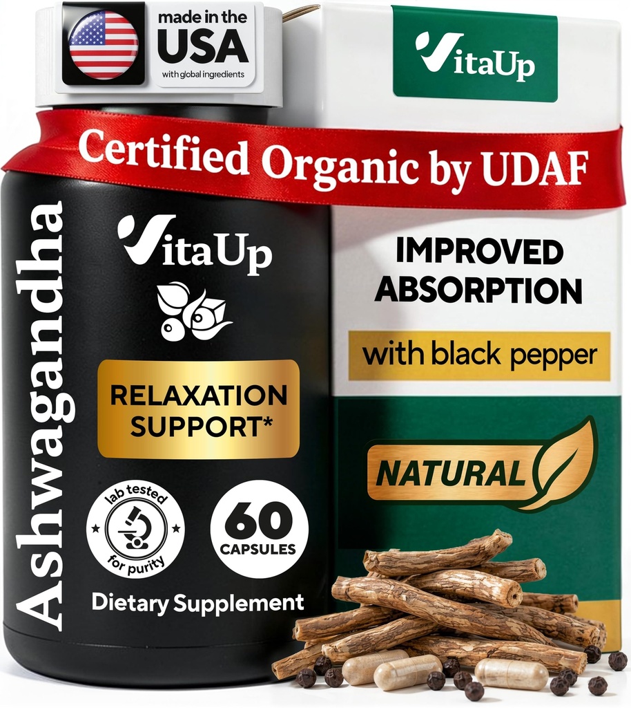Ashwagandha Capsules 1310mg with Black Pepper - USA Made Ashwagandha Supplements for Relaxation Support, Normal Bilişsel Fonksiyonl & Dengeli Enerji Seviyeleri - 60 Caps