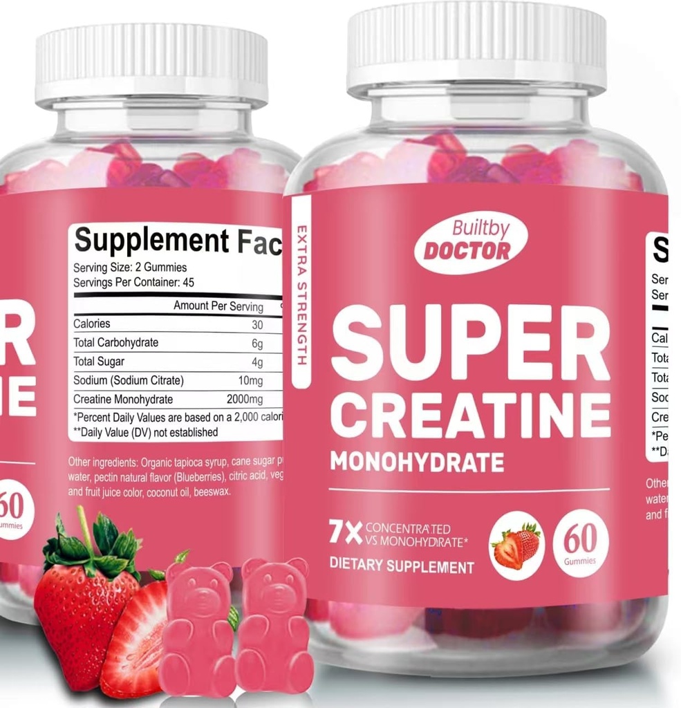 Super Creatine Monohydrate Gummies for men and women, Sugar-Free, 30 Servings, 5g of Creatine Per Serving, Vegan, Gluten-Free, Bodybuilding Recovery Supplement to Increase Muscle Size and Strength