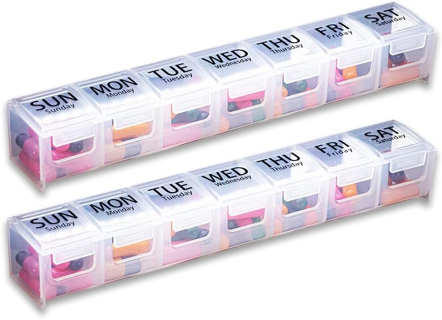 GMS Weekly Pill Organizer - 7Day Labeled Karşılaştırmalı Pill Case for Supplements, Vitamins and Drug - Secure Latches - Daily Use & Travel - Clear - 2 Pack