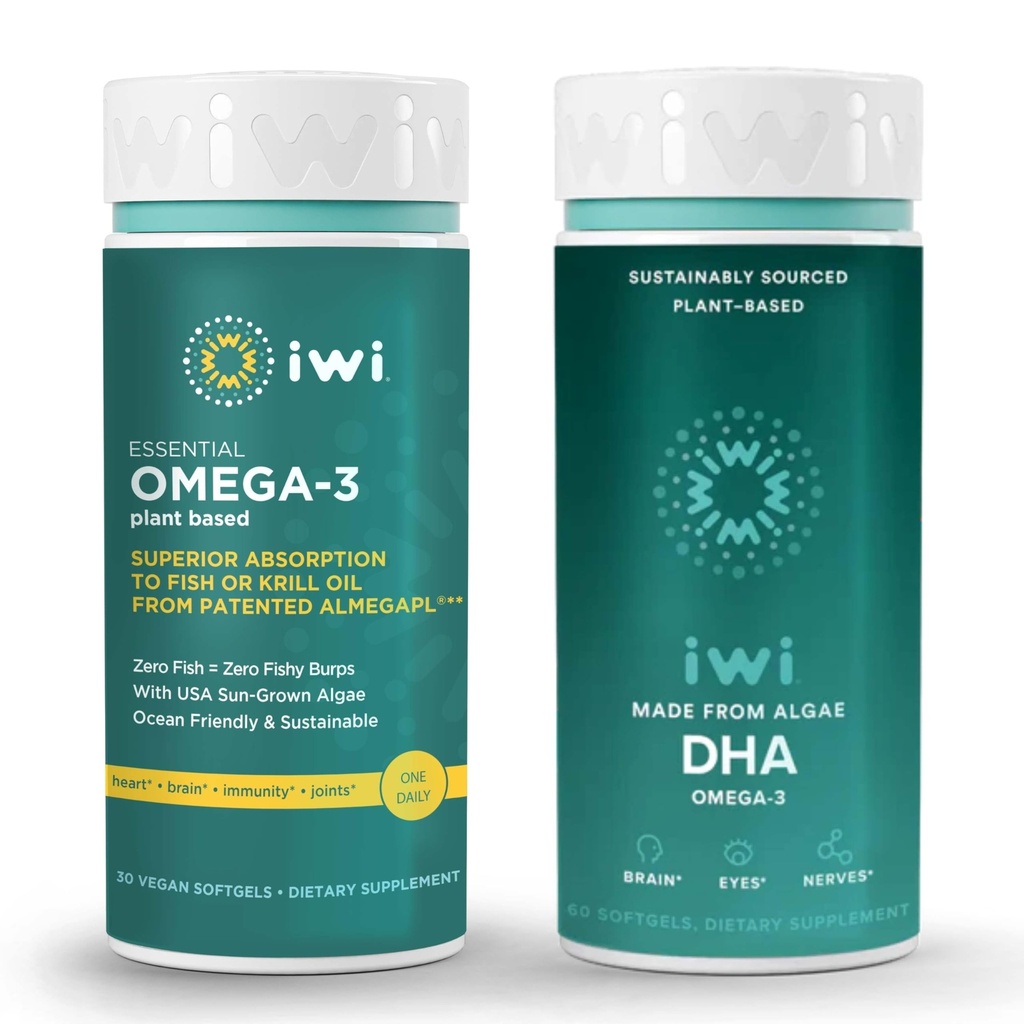 Iwi Omega-3 Essential & DHA Omega-3 Sche, 30 Hizmet, Vegan Plant-Based Algae Omega 3, Krill & Fish Oil Alternative, No Fishy Aftertaste