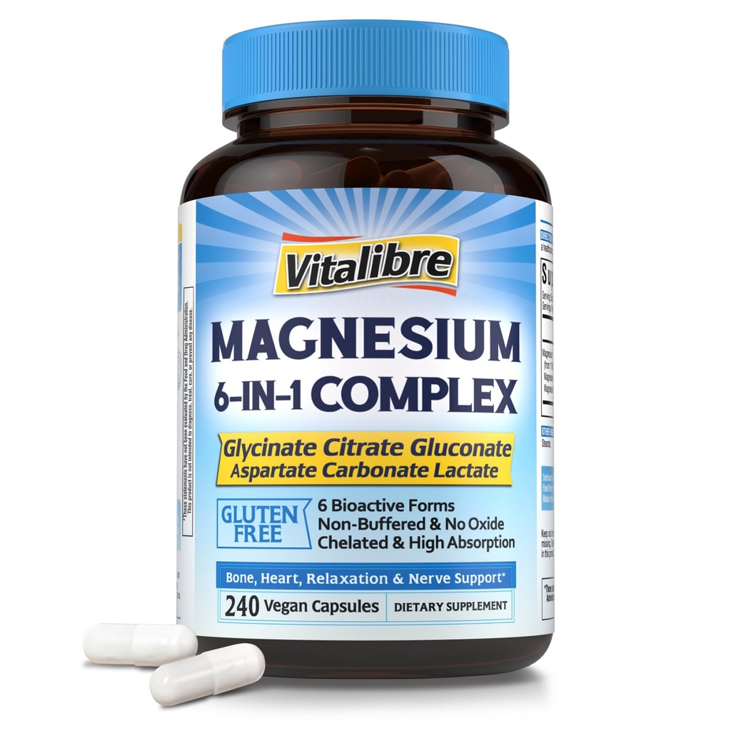 Magnezyum Kompleksi 1, 1160 mg Max Abhidrasyon için Magnezyum'i yedi, Daha İyi Uyku, Rahatlama ve Nerve Calm, 240 Vegan Capsules, GMO & Gluten Free