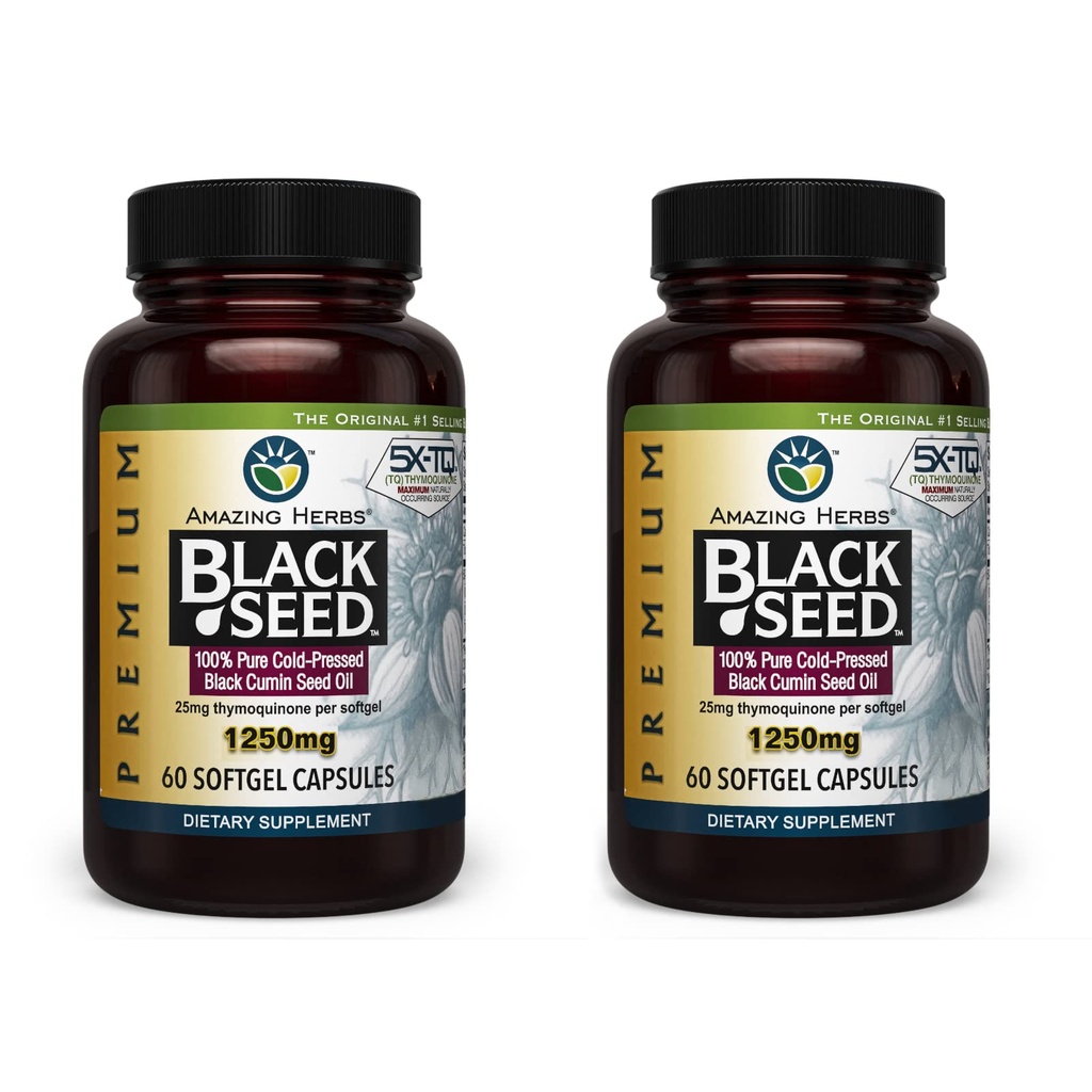 Amazing Herbs Premium Black Seed Oil Capsules - Yüksek Potency, Cold Pressed Nigella Sativa Aids in Digestive Health, Immune Support & Brain Function - 60, 1250 mg (Pack of 2)
