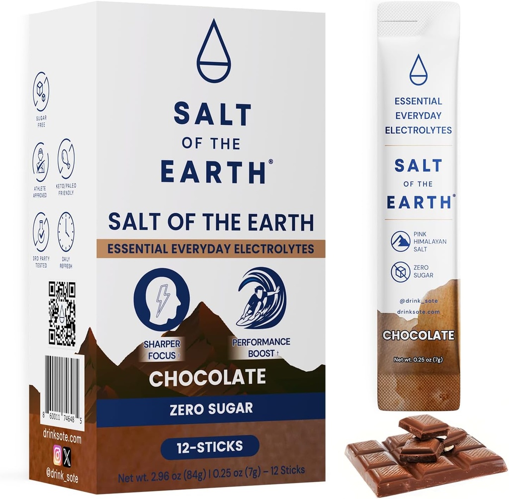 Dünya Premium Zero-Sugar Electrolyte - Pink Himalaya Salt ile Yapıldı - Hydration Toz Paketleri | Premium Malzemeler | Keto & Paleo Friendly | 12 Sticks, Chocolate Chocolate