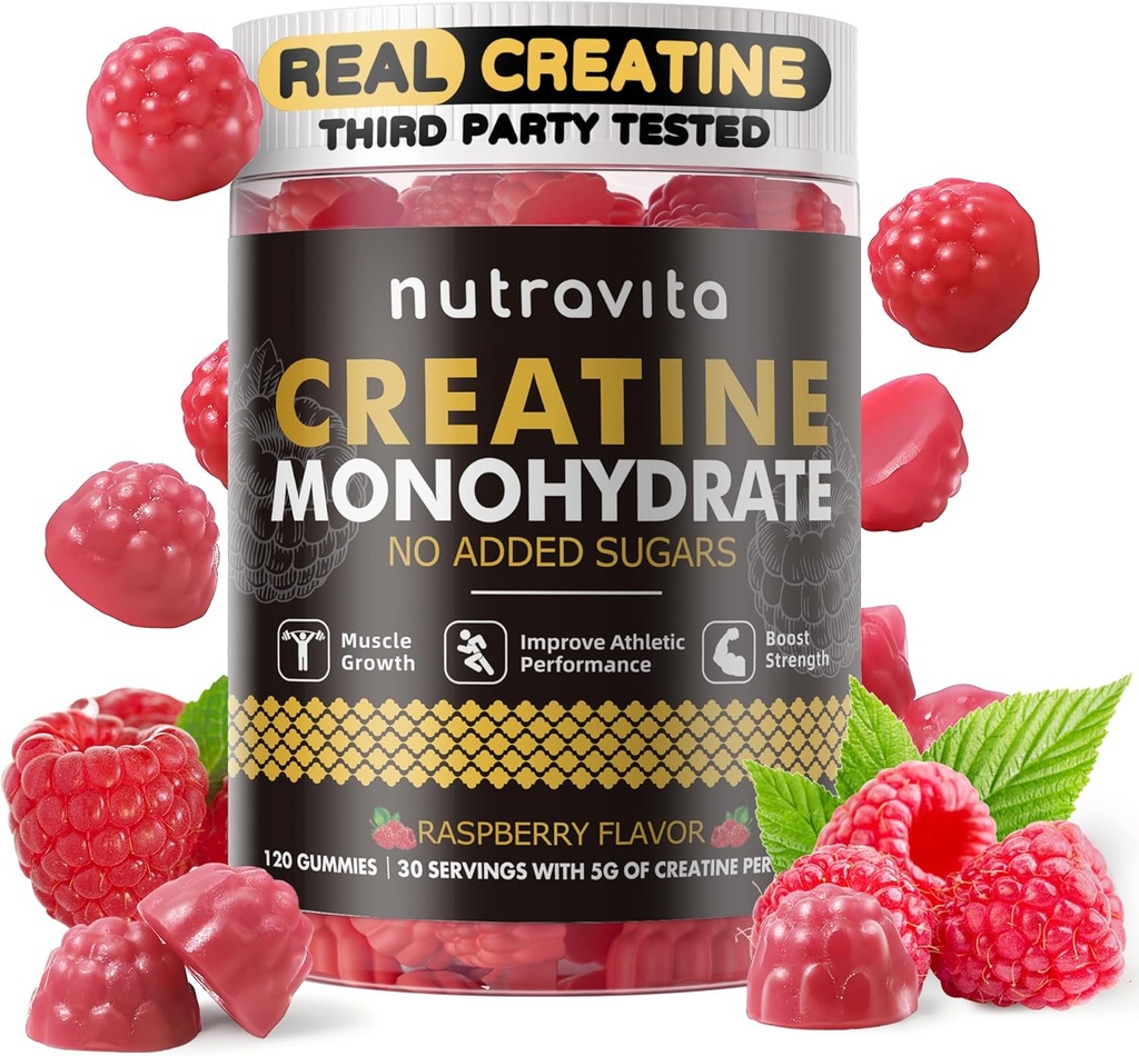 Erkekler ve Kadınlar için Sırtine Monohidrat Gummies for Men & Women-5g oftine Monohidrat - Sugar Free,Vegan, Raspberry Flavor, 120 Kont