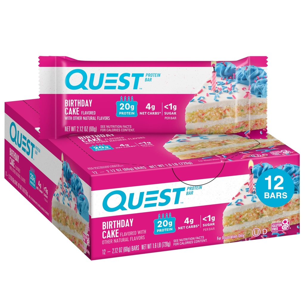 Quest Beslenme Doğum Günü Kek Protein Barlar, 20g Protein, 1g Sugar, 4g Net Carbs, Gluten Free, Keto Friendly, 12 Count Count