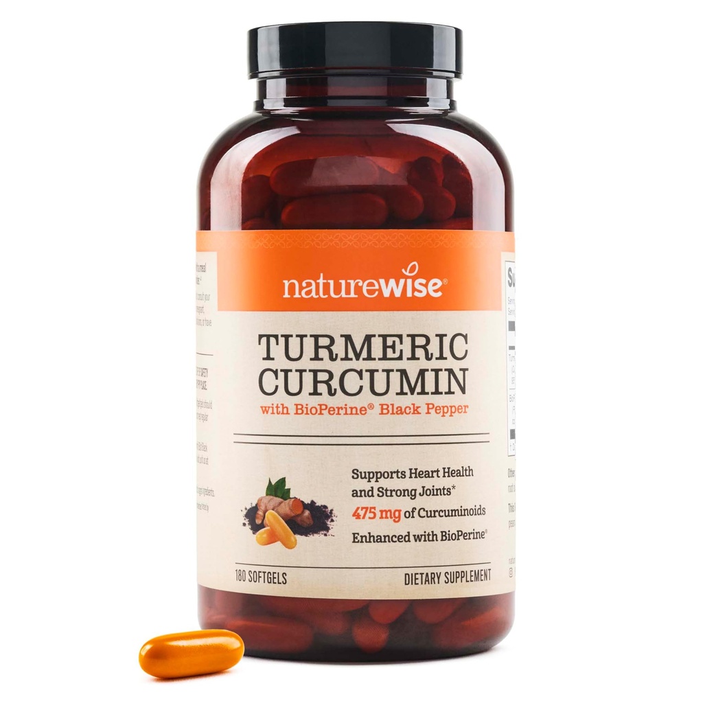NatureWise Turmeric Curcumin 500 mg with Black Pepper Softgels - Ekstra Kuvvet, Gelişmiş Absorpsiyon -% 95 Curcuminoids & BioPerine for Immune Support - Gluten-Free, Non-GMO - 180 Count[6-Month Supply]