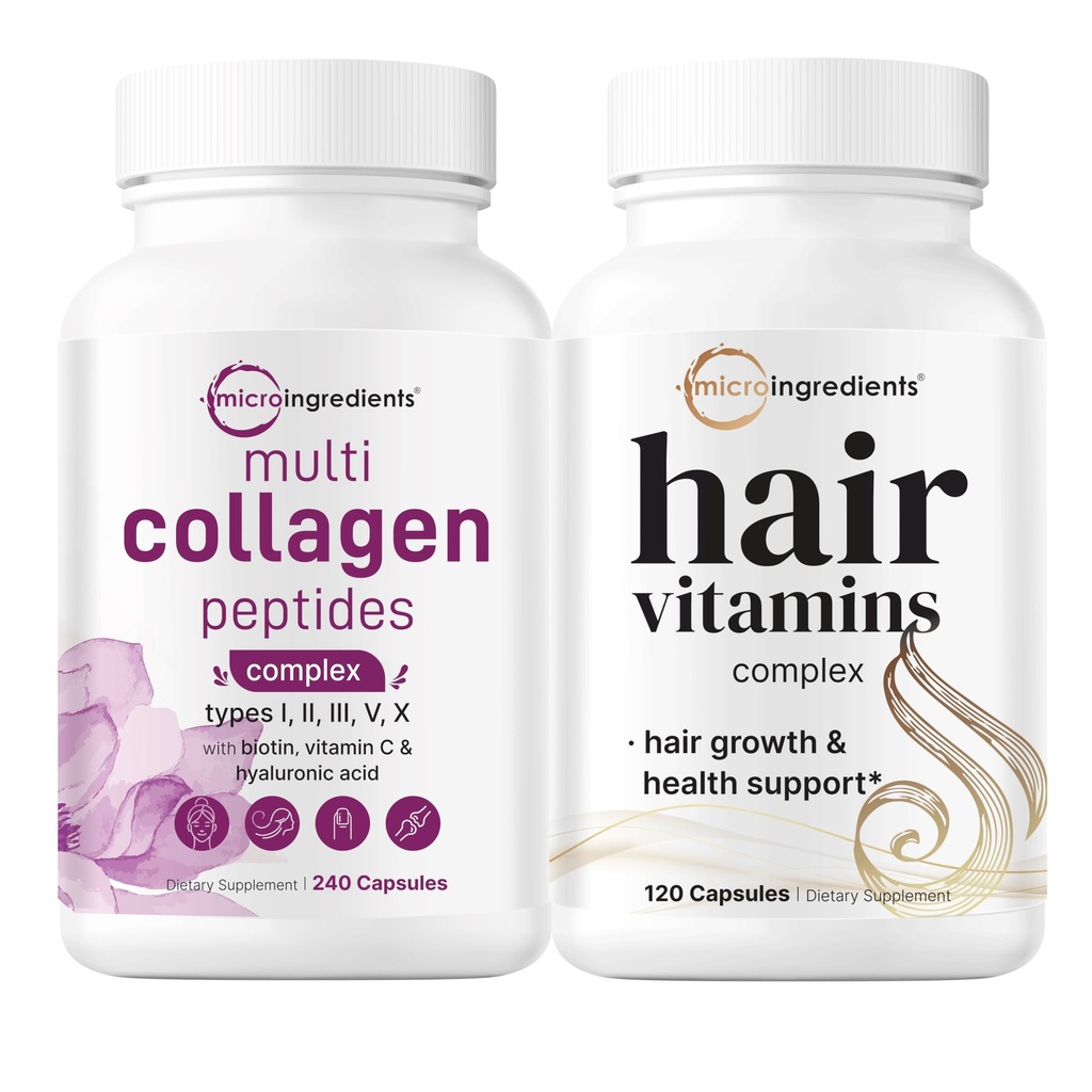Kadınlar ve Saç Vitaminleri Kompleksi için Mikro Malzemeler Kompleksi Kompleks Kapsüller Paket 2 Paket | Grass-Fed Collagen Peptides | 14-in-1 Gelişmiş Saç Büyüme Desteği