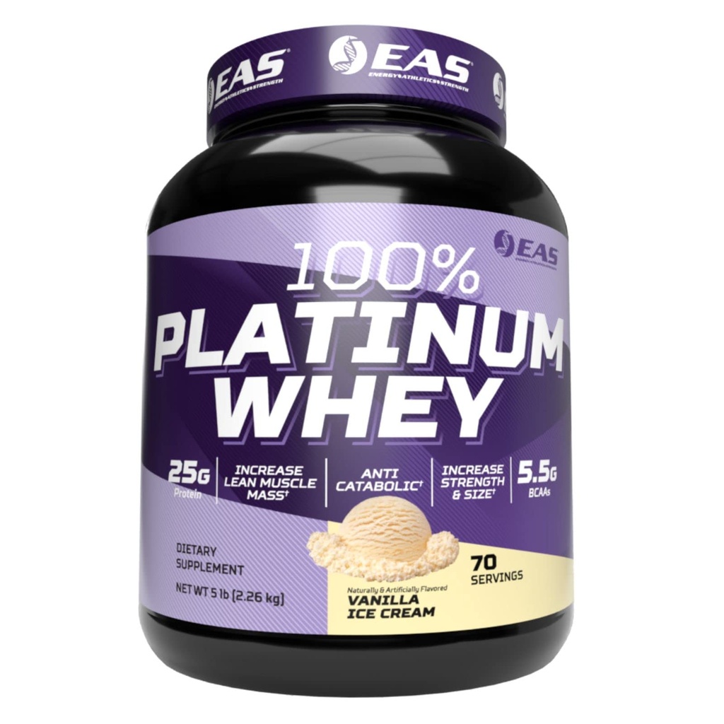 EAS Platinum 100% | 3 Ultra-Platinum Whey proteinleri | Boyut ve Güçlü | 25g proteini, 5.5g BCAAs | 5 Pound (Vanilla Ice Cream)