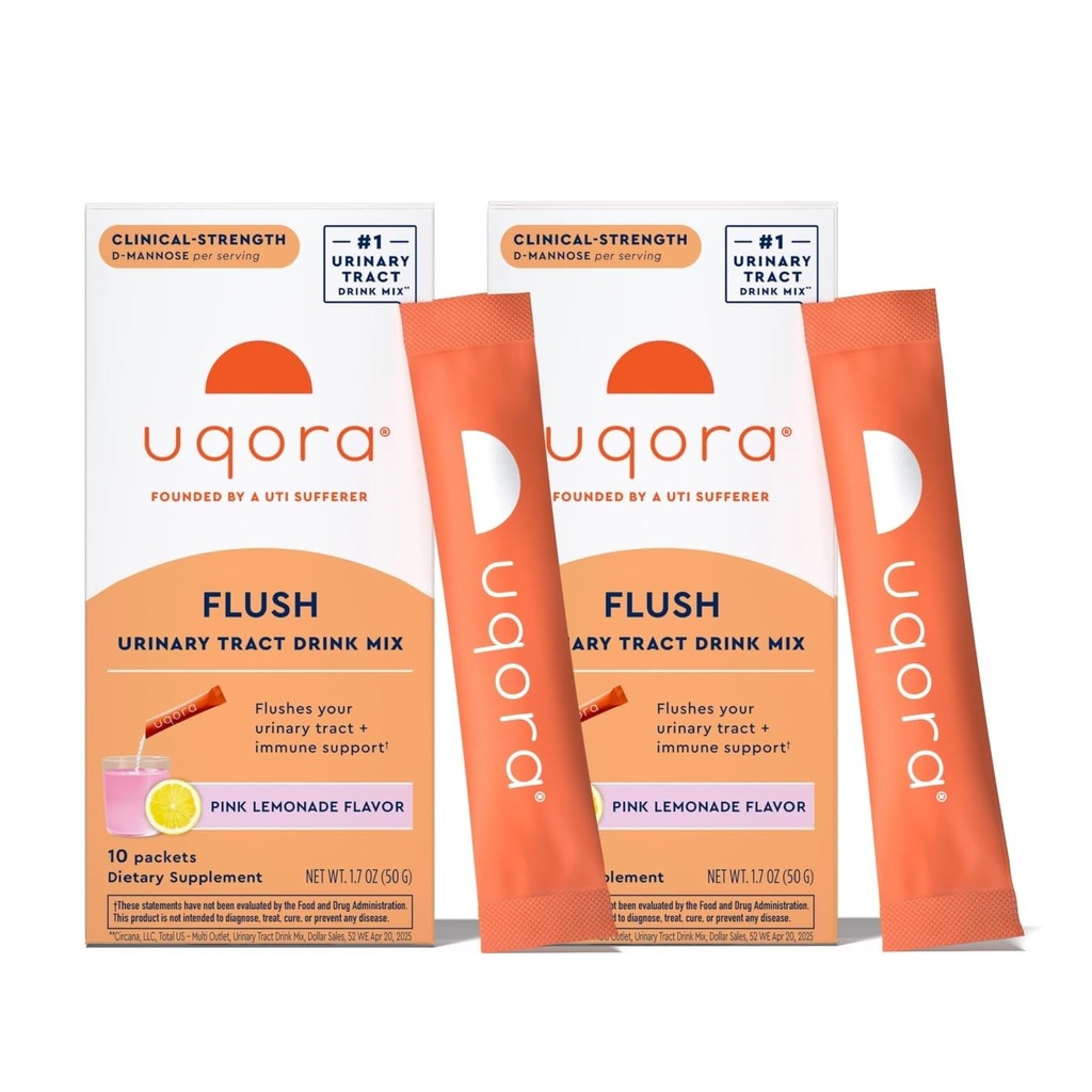 Uqora Flush - Urinary Tract* with D-Mannose, Vitamin C, Vitamin B6, Pyum, Magnezyum & Food - Gluten-Free & Vegan - Pink Lemonade Flavor - 20 Packets (2 Pack)