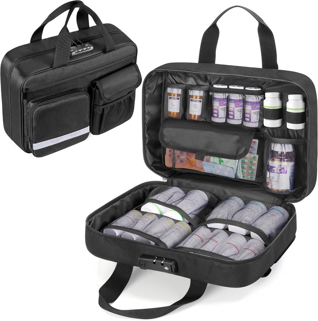 Damero Pill Şişe Organizer, Tıp Depolama Bag İlaçları Organize Seyahat Büyük Pill Şişeler, İlaçlar ve Tıbbi Malzemeler için Vakayı Gerçekleştirir, Siyah Malzemeler, Siyah Tanklar,