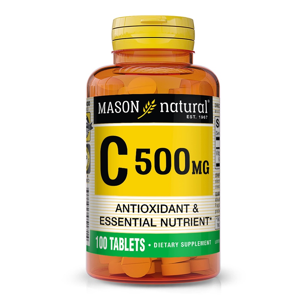 Mason Natural Vitamin C 500 mg, Immune Support & Antioksi Supplement, The Collagen Production & Cell Protection, 100 Tablets