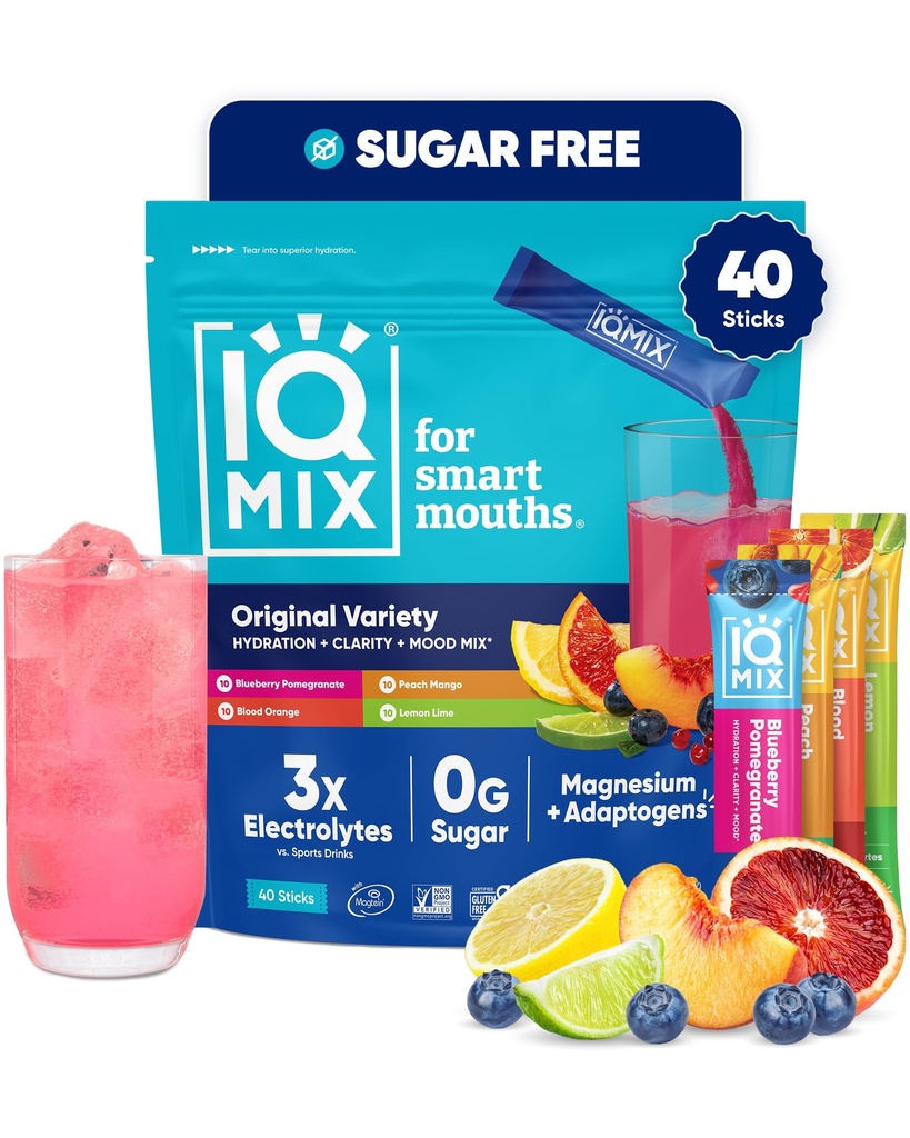IQMIX Hydration Electrolyte Toz – 4-in-1 Formula for Hydration, mental Clarity, Mood and Recovery – Sugar-Free Drink Mix, Keto, Magnezyum L-Threonate, Lion's Mane – 40 Kont Çeşitli Paket