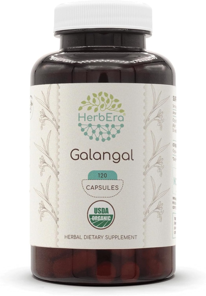HerbEra Galangal 120 Capsules, 500 mg, USDA Organik Galangal (Alpinia Galangal) kuru Kök (120 Capsules)