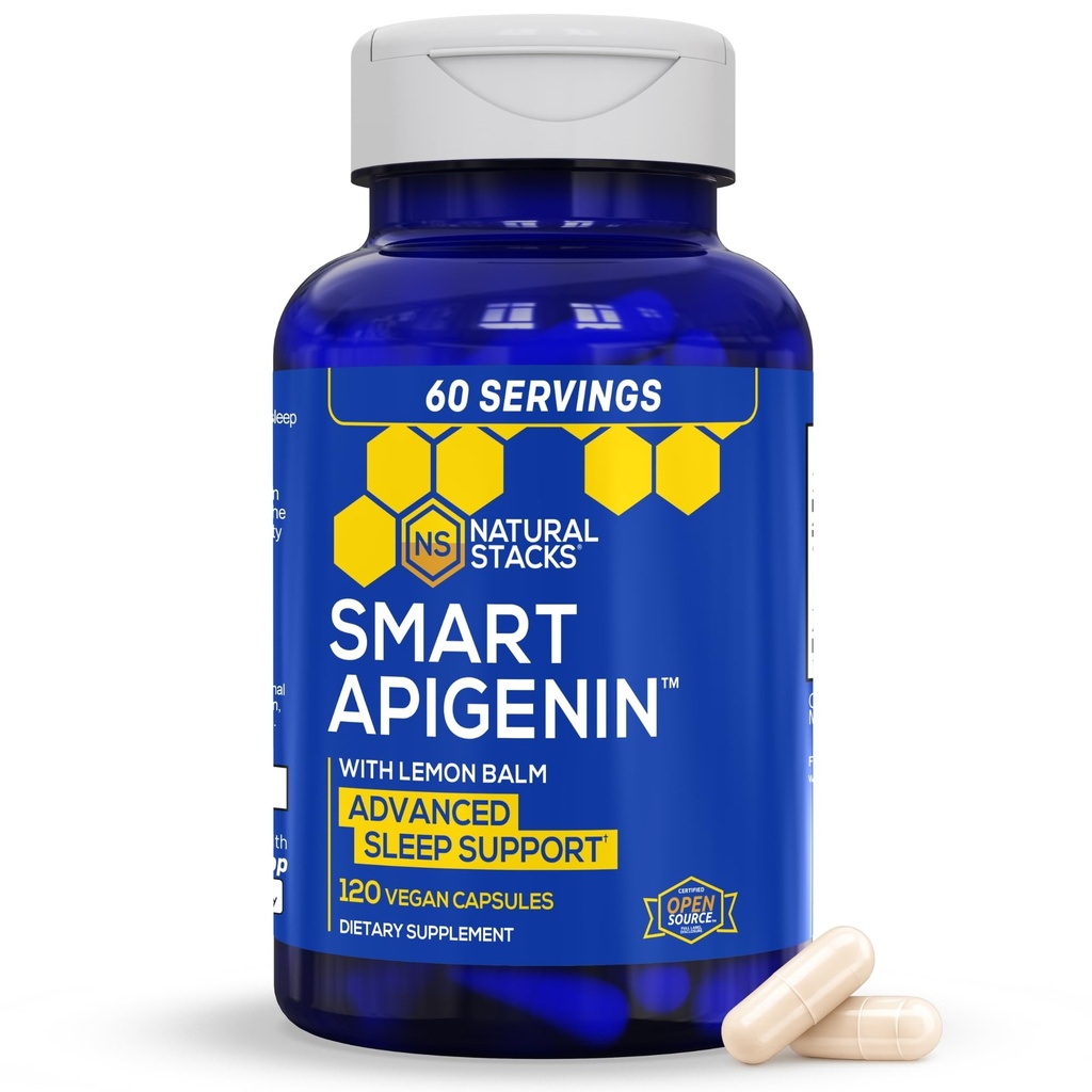 Uyku için NATURAL STACKS Apigenin Supplement - 50 mg Apigenin & 600 mg Lemon Balm - Melatonin Free Sleep Aid - Stres Desteği için Tutku Çiçek Takması* - 120 Limon Balm Capsules