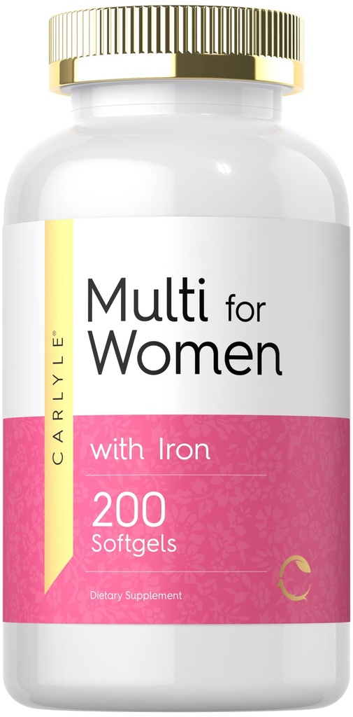 Demir ile Kadınlar için Carlyle Multivitamin | 200 Softgels | Essential Vitaminler, Mineraller ve Omegas | Beslenme Desteği Tamam | Non-GMO & Gluten Ücretsiz