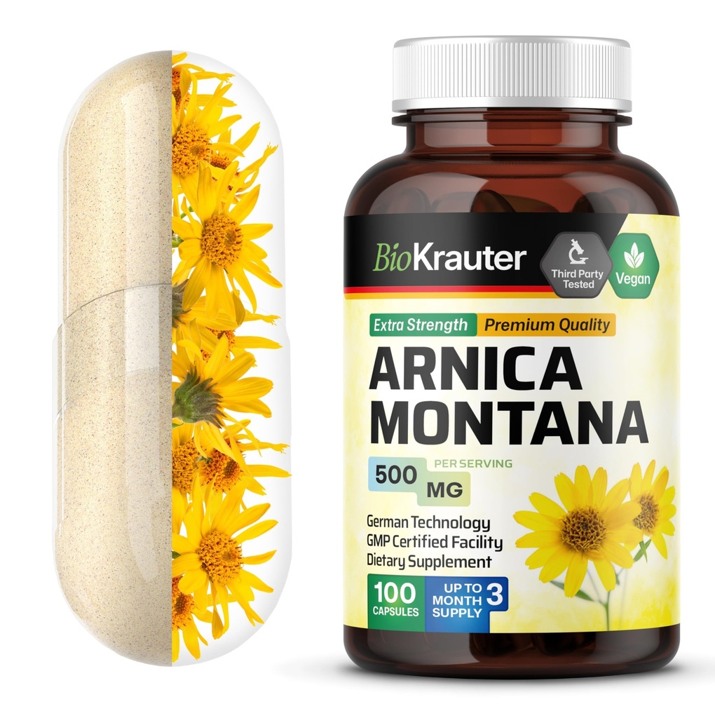 BIO KRAUTER Arnica Montana Capsules - Bruising ve Swelling için 500 mg Arnica Capsules - Vegan - 100 Count