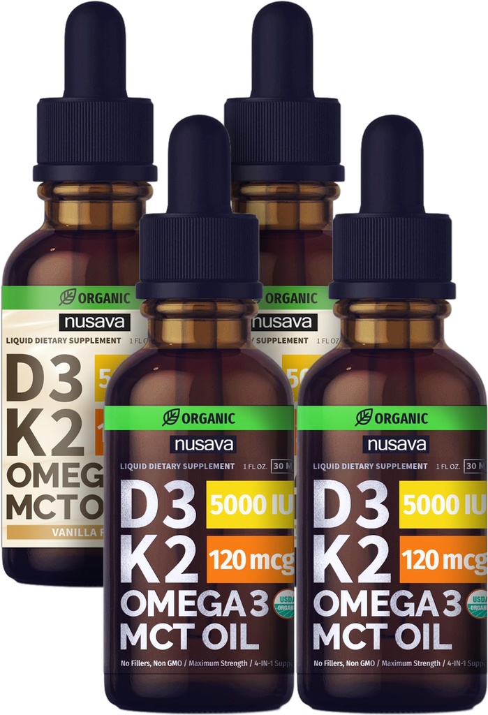 NUSAVA Unflavored D3 K2 Liquid Drops ve Vanilla Flavored D3 K2 Sıvı Durağı - Kalp, Ortak, Bone, Muscle, & Immune Support - Un-GMO, Her Gluten-Free, 2pk
