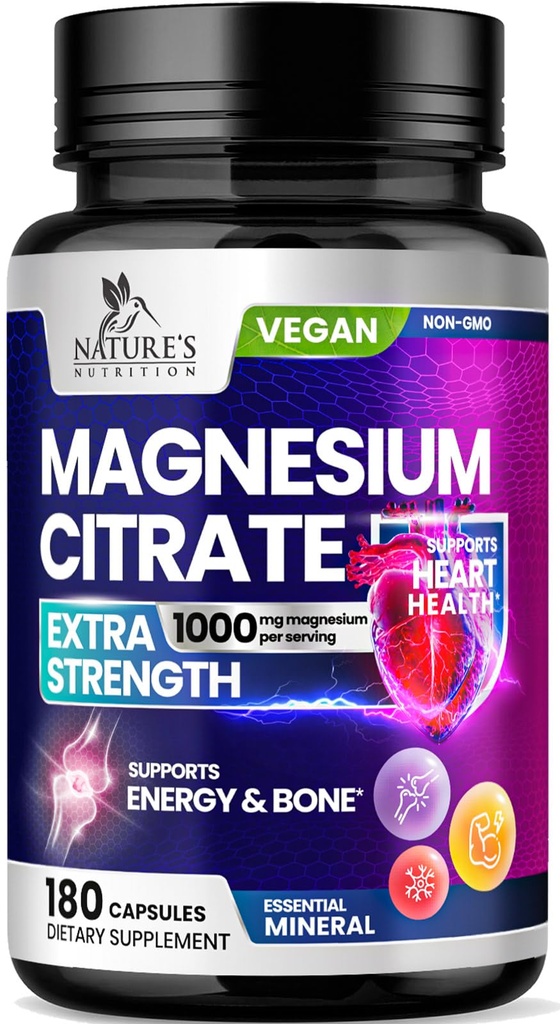 Magnezyum Citrate Supplement Pills 1000 mg - 3X Güçlü Magnezyum Kemik, Kas, Kalp, Doğa Erkekler ve Kadınlar için Uyku Desteği, Vegan Mag Mineral, ABD'de Şişelenmiş 180 Capsules