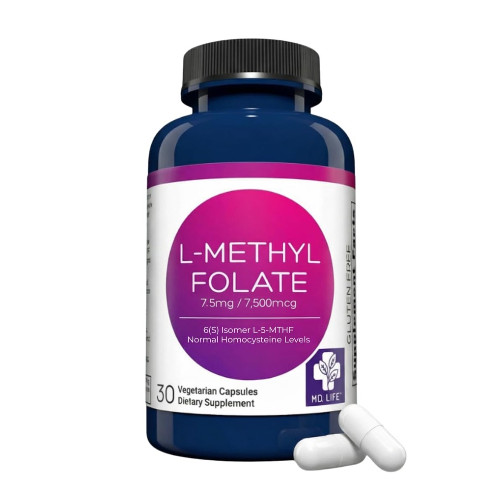 MD Life L-Methylfolate 7.5 mg Supplement - Profesyonel-Grade Active L Torchfolate Supplement - 30 Capsules - L-Methylfolate 7.5 mg - maksimum Potency MTHFR W / Essentials