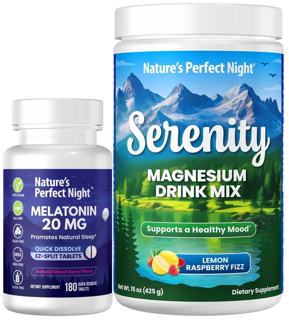Nature's Perfect Night Melatonin 20 mg Quick Dissolve Karma Berry 180 Count with Serenity Magnezyum Toz 15 oz Lemon Raspberry