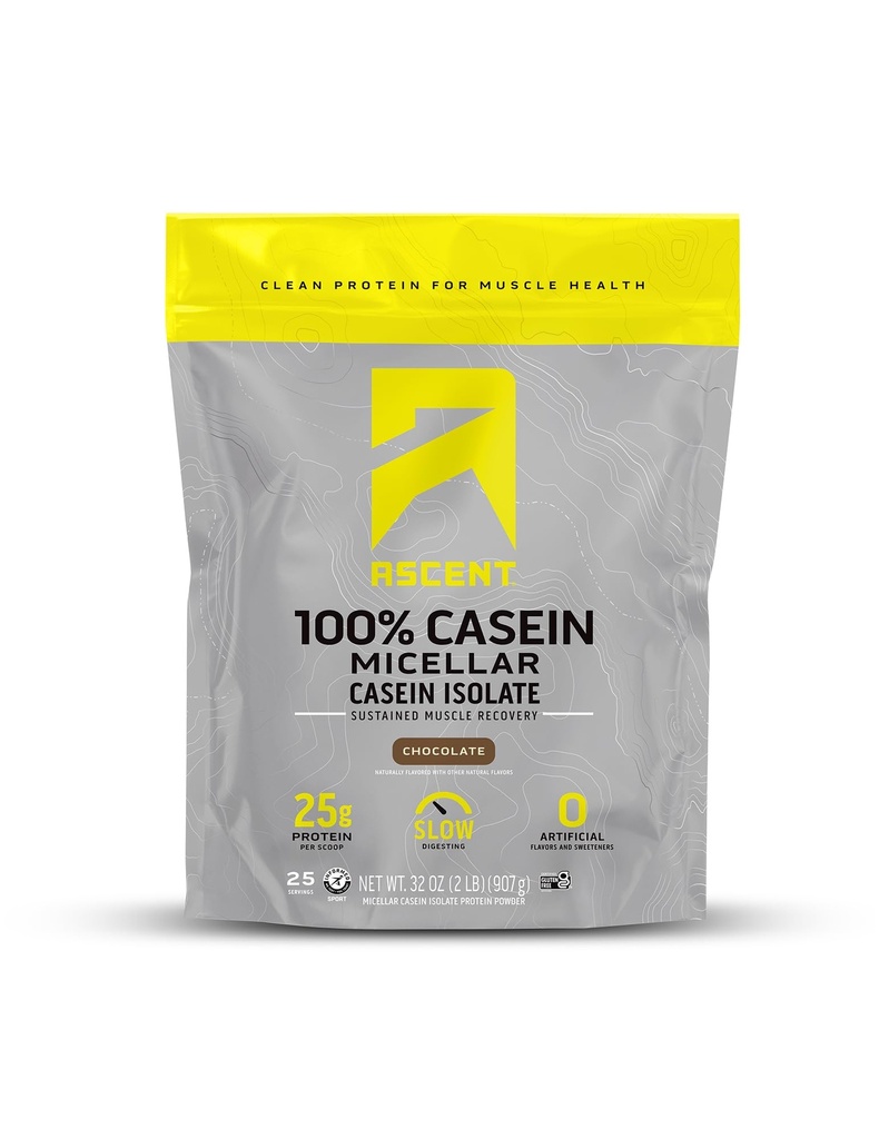 Ascent Casein Protein Tozu - 25g Micellar Sıfır Yapay Flavors & Sweeteners, Gluten-Free, Hayır Eklenmiş Şeker, 4.9g BCAA, 2.2g Leucine - Chocolate, 2 Pounds