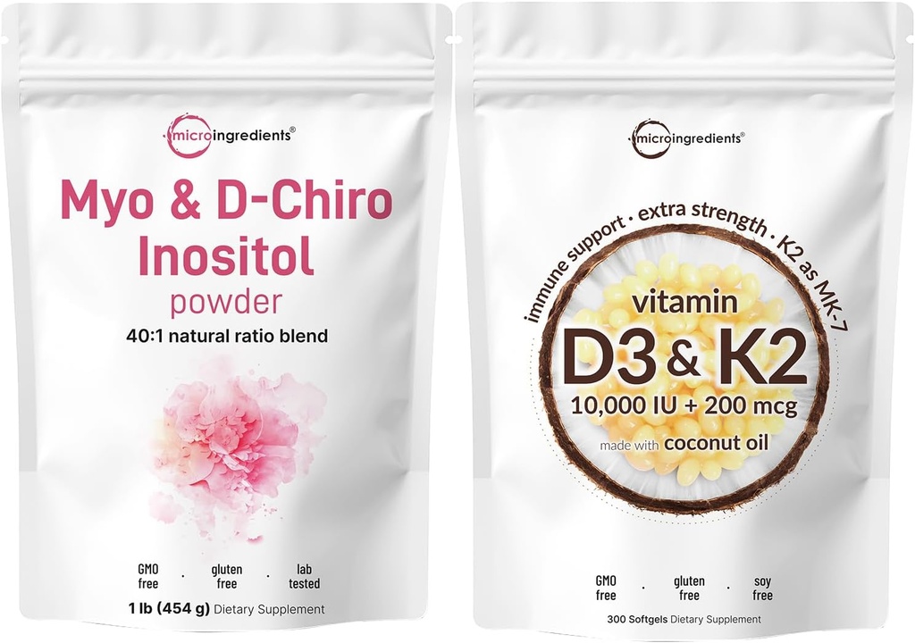 Mikro Malzemeler D3 10.000iu + K2 200 mcg Coconut Oil Softgels & Myo & D-Chiro Inositol Toz Sche 2 Pack | Essential Sunshine Vitamins | Inositol Supplement for Women