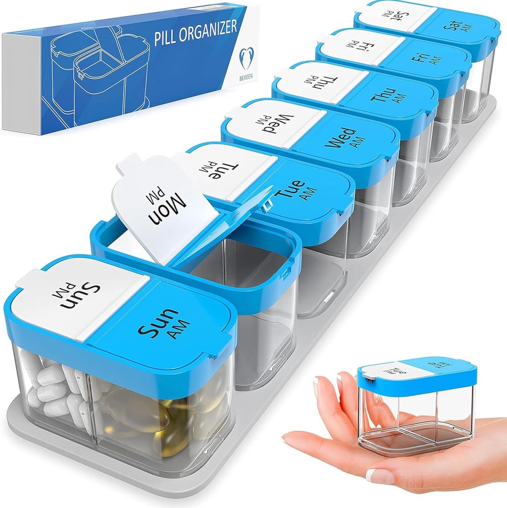 Ekstra Büyük Haftalık Pill Organizer - XL Daily Pill Box - 7 Day Am Pm Pill Case Jumbo Pill Container for Supplements Big Pill Number Two A Day Overscale (Mavi/Beyaz)