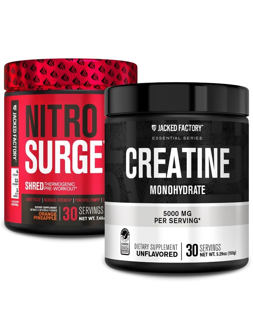 Jacked Factory NITROSURGE Shred Pre Workout Supplement (Orange Pineapple, 30 Servings) & Creatine Monohydrate Powder (Unflavored, 30 Servings)