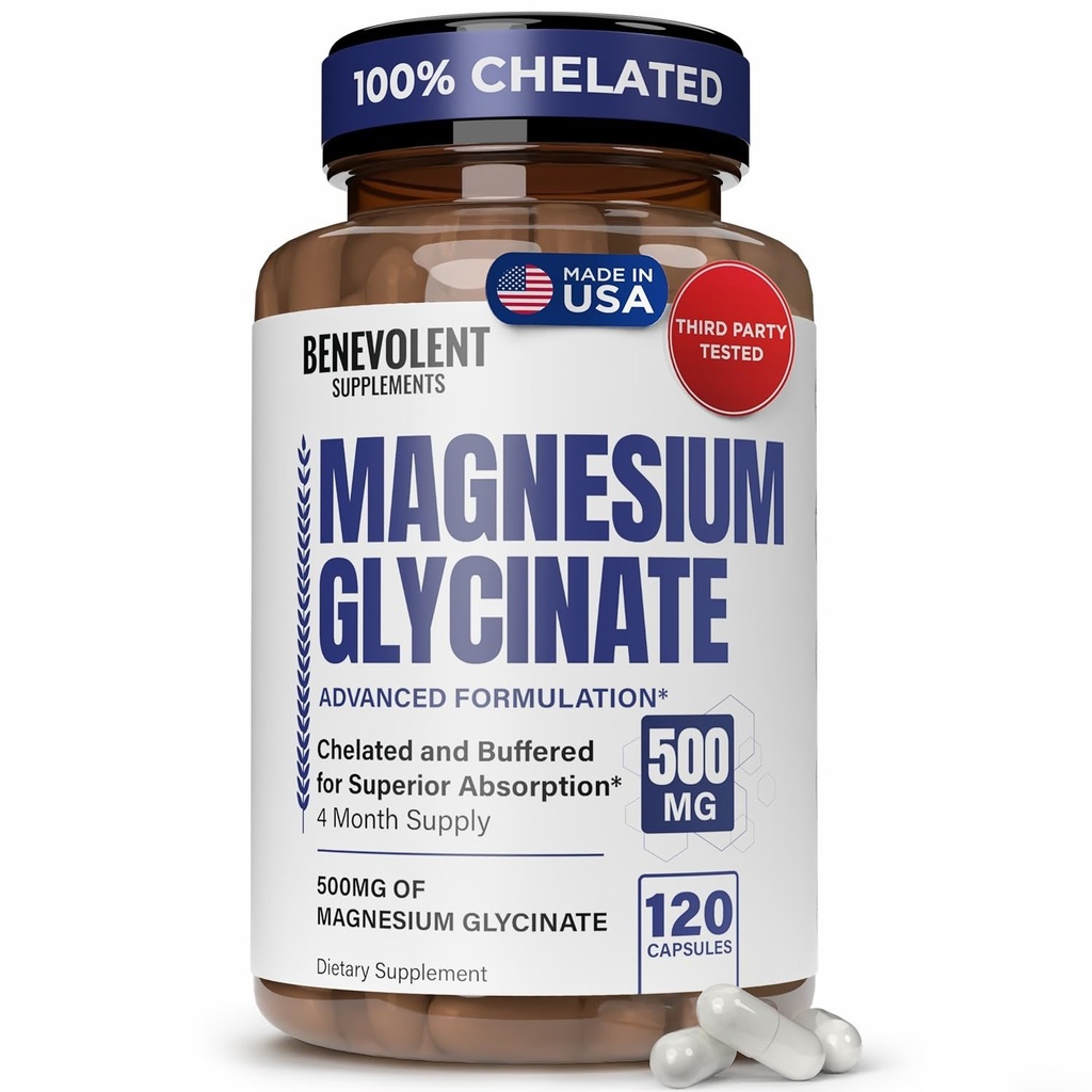 Magnezyum Glycinate 500 mg - Chelated & Buffered High Abxia Supplement Magnezyum to Support Stress Relief, Digestion, Bone, Sleep, Nerves & Muscle Health - Made in USA - 120 Vegan Capsules