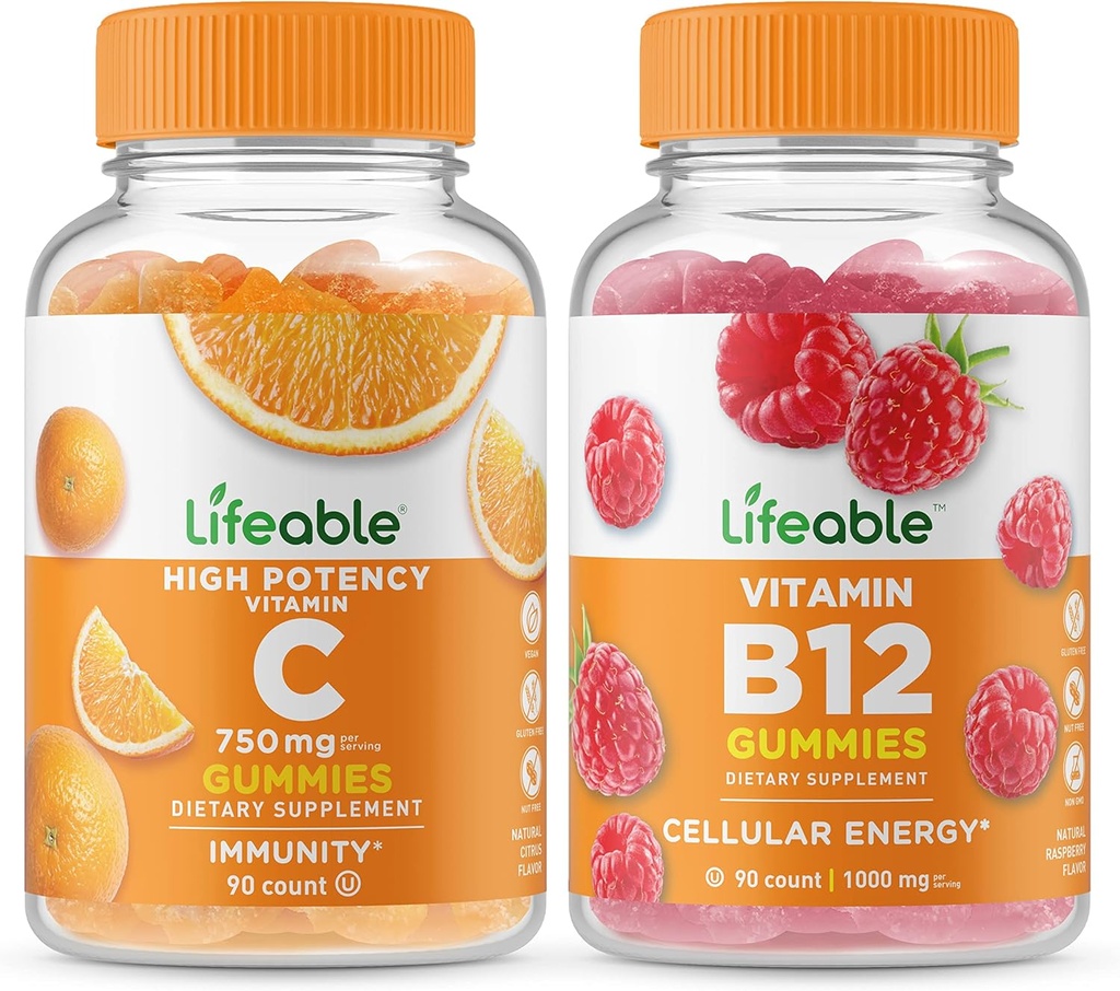 Lifeable Vitamin C 750 mg + Vitamin B12, Gummies Sche - Great Tasting, Vitamin Supplement, Gluten Free, GMO Free, Chewable Gummy