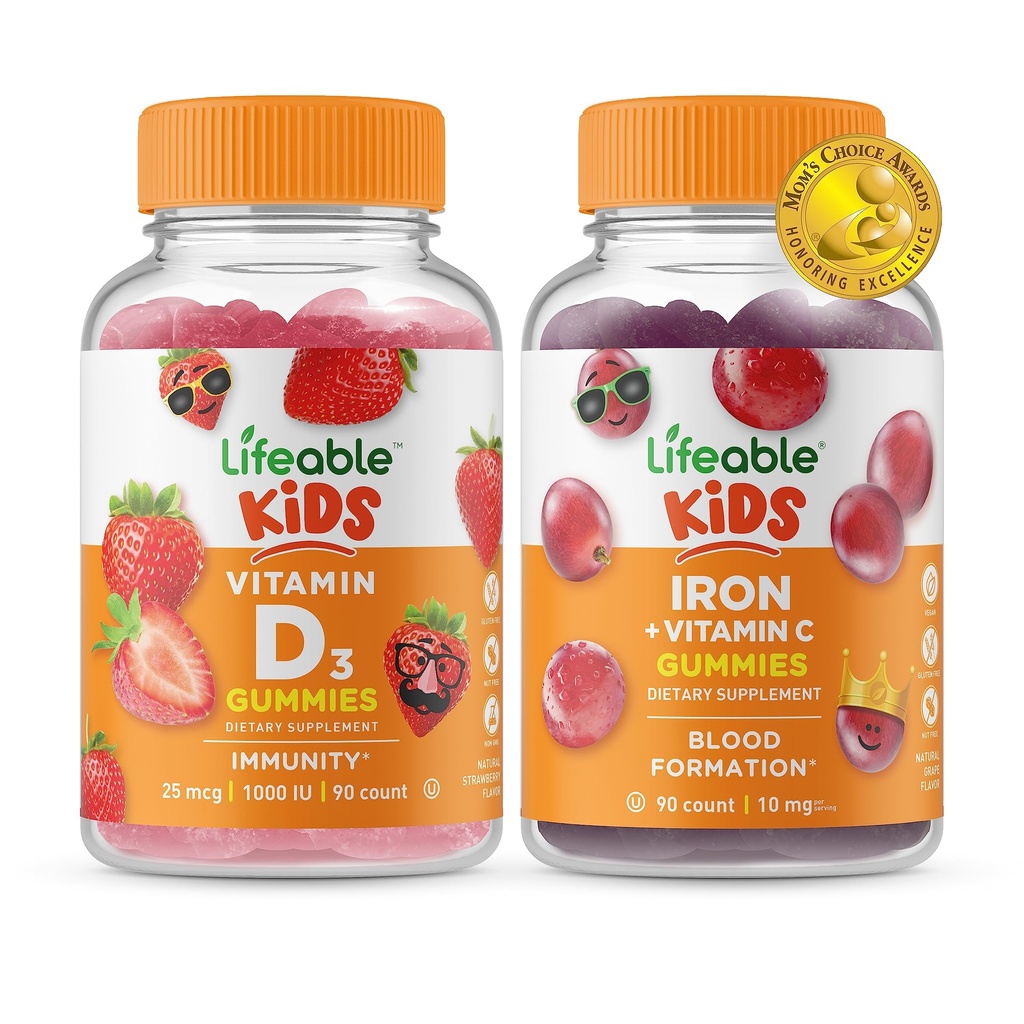 Lifeable Vitamin D Kids + Iron & Vitamin C Kids, Gummies Sche - Great Tasting, Vitamin Supplement, Gluten Free, GMO Free, Chewable Gummy