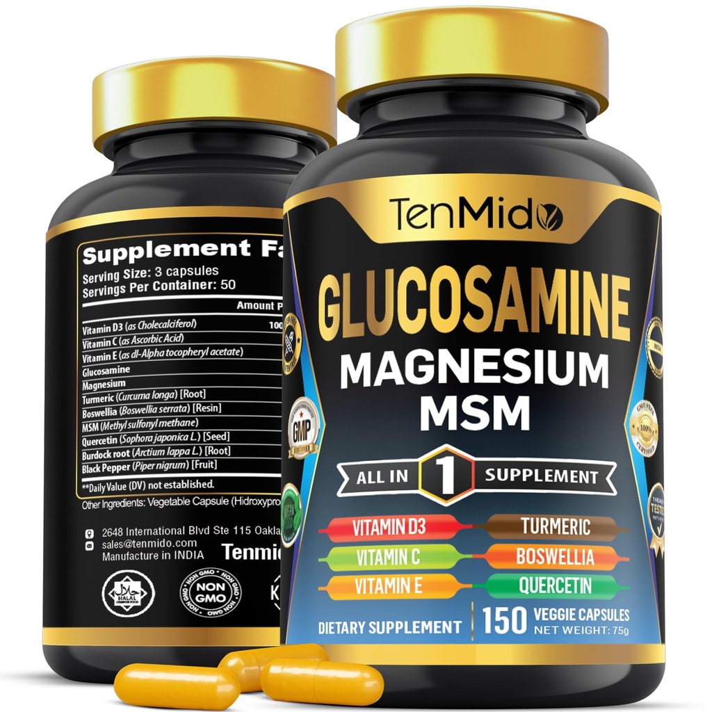 Erkekler ve Kadınlar için Glucosamine MSM Supplement - 11in1 Formula - Magnezyum, Turmeric, Boswellia, Quercetin, Burdock Root ve More | Ortak & Hareketli Destek - 150 Capsules