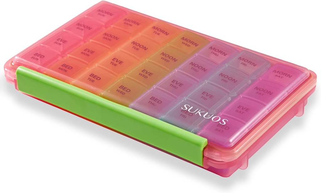 Sukuos Weekly Pill Organizer 7 Day 4 Times a Day, Moisture-Resistant Büyük Günlük Pill Box Medical Cases for Vitamin/Fish Oil /Supplements (Pink)