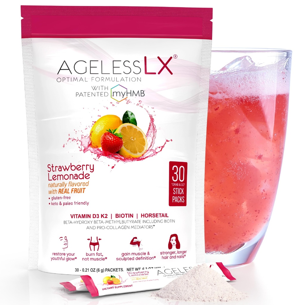 Kadınlar için yaşsızLX Toz Tamam - HMB Collagen Advancedr Plus Vitamin D3 ile K2, Attail ve Biotin, Lean Muscle ve Güçlü Saç ve Çiçekler için - 30 Toz Paketleri Strawberry Lemonade