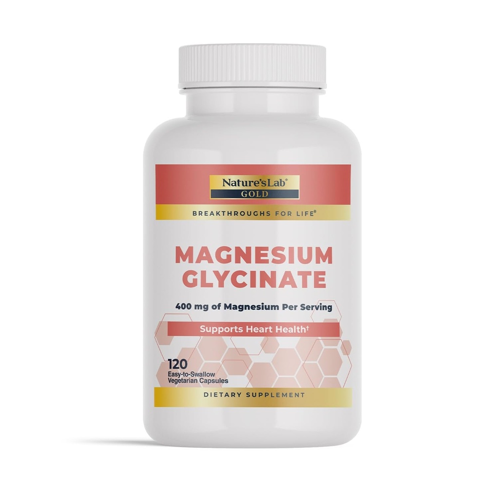 Nature's Lab Gold Magnezyum Glycinate 400 mg - Supports Cardiovascular Health, Muscle & Nerve Function* - 120 Capsules (30 Day Supply)