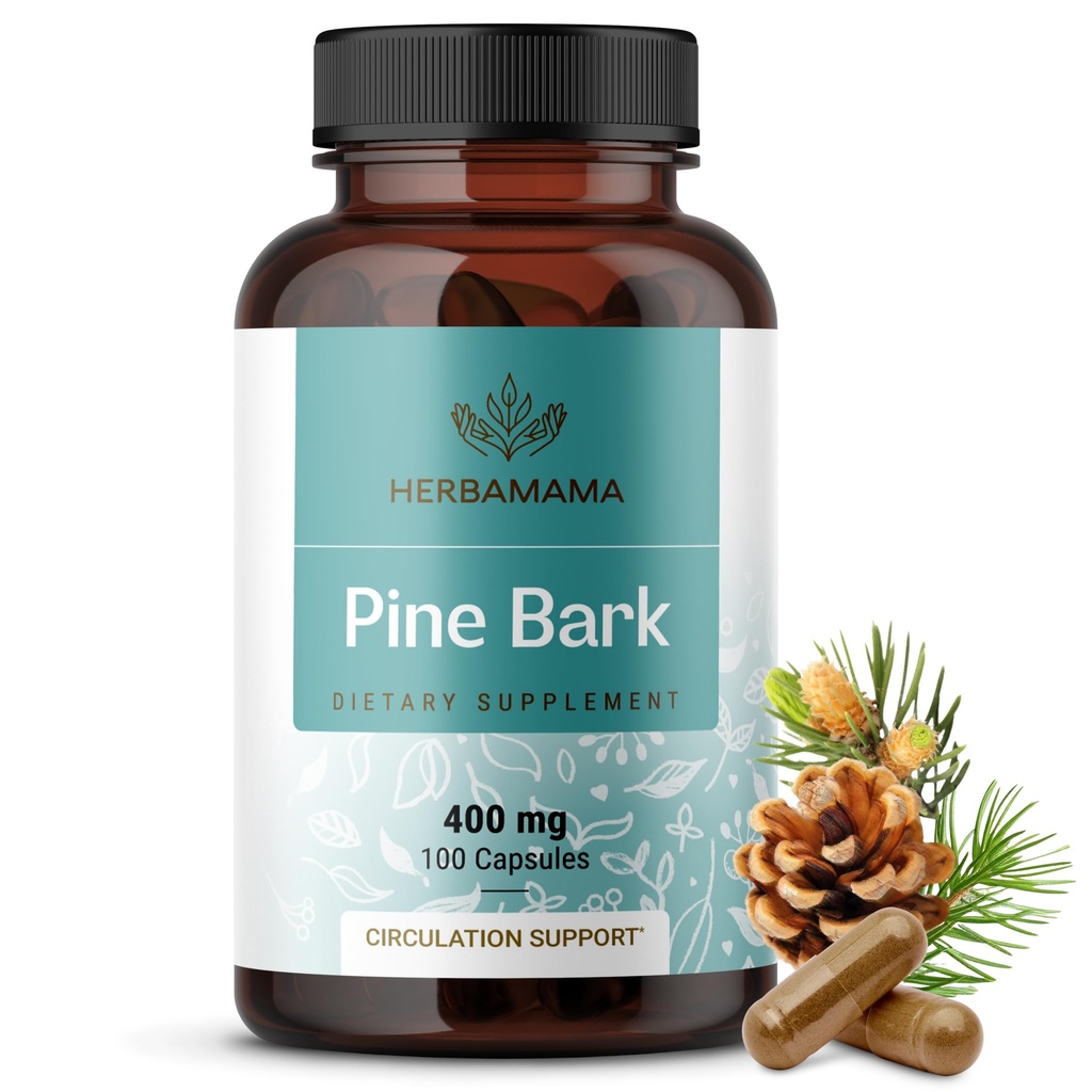 HERBAMAMA Pine Bark Ekstraksiyon Capsules - 400 mg Fransız Deniz Bark Türlü Toz Antioksi Desteği - Vegan, Non-GMO Pinus Pinaster Supplement Supplement