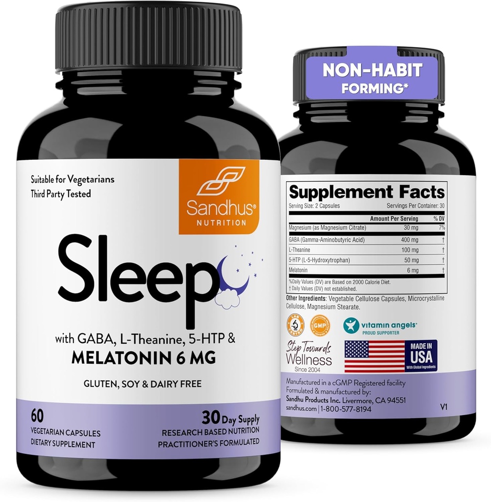Sandhu'nun Uyku 60 Capsules – Non-Habit 5in-1 Sleep Aid Supplement with Melatonin, Magnezyum, GABA, L-Theanine & 5-HTP