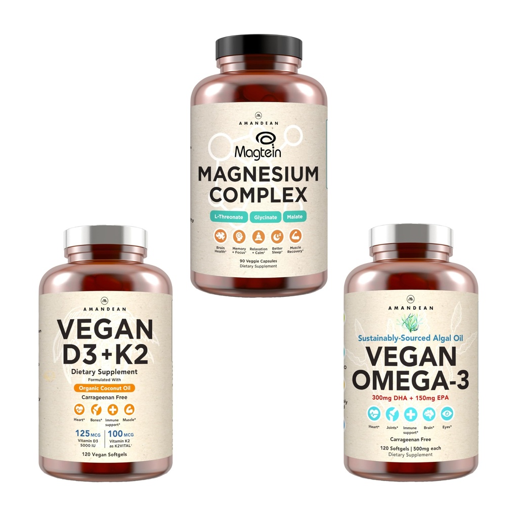 AMANDEAN Premium Magnezyum Kompleksi, Vegan Omega 3, Vegan D3+K2 Sche. Plant-Based Immune Support. Algae DHA & EPA. Kalite Uyku, Focus & Mood. Sağlıklı Kalp, Beyin, Ortaklar ve Gözler
