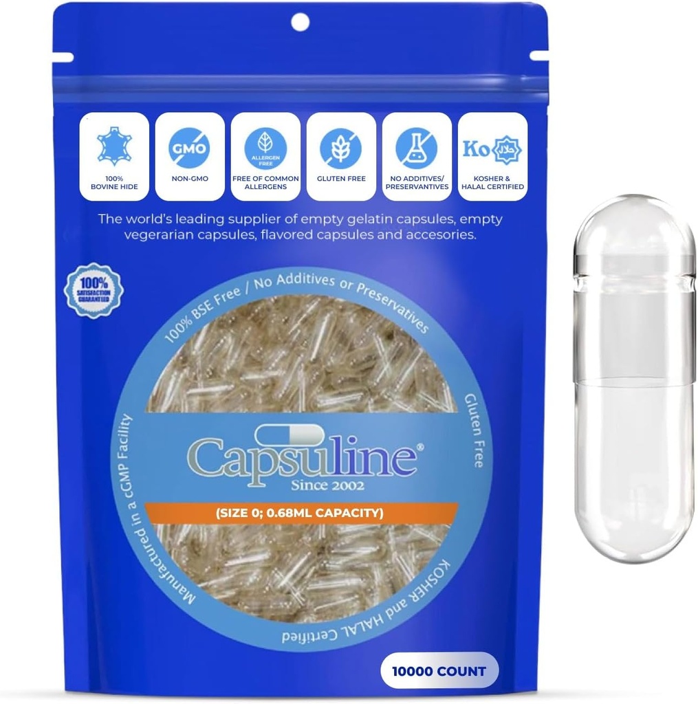 Capsuline Uzunluk 0 Boş Gelatin Capsules, Clear - 10000 Count | Gluten Free, Kosher, Non-GMO sertifikalı | Pure Bovine Pill Caps for DIY Tamam Filling