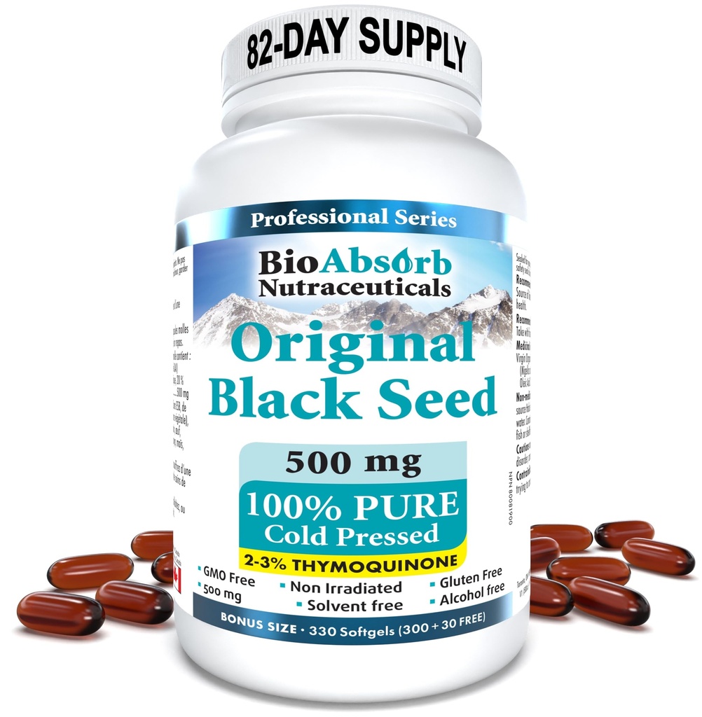 Bio Absorb Black Seed Oil Capsules, 82-Day Supply, Cold Pressed Pure Black Cumin Tohum Petrol (Nigella Sativa) (330 softgels, 500 mg)