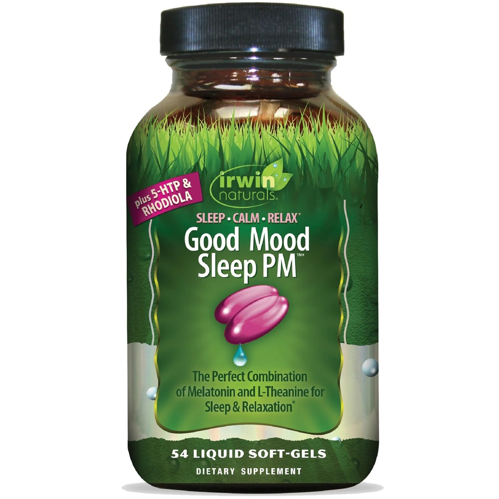Irwin Naturals Good Mood Sleep PM - 54 Liquid Soft-Gels - Melatonin ve L-Theanine for Rest & Relaxation - 18 Total Services