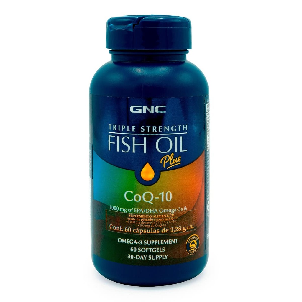 GNC Triple Strength Fish Oil Plus CoQ10 Omega 3 Supplement, 1000 mg EPA ve DHA, 100 mg CoQ10, Heart and Circulatory Health, Plus Skin, Ortak, Beyin ve Eye, Control Fishy Burps'a ek olarak, 30 Hizmet